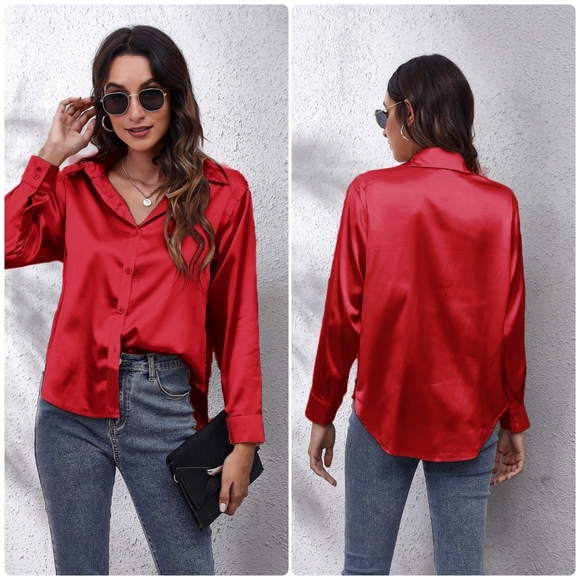 Red Collared Neck Buttoned Long Sleeve Shirt - Picture 2 of 4
